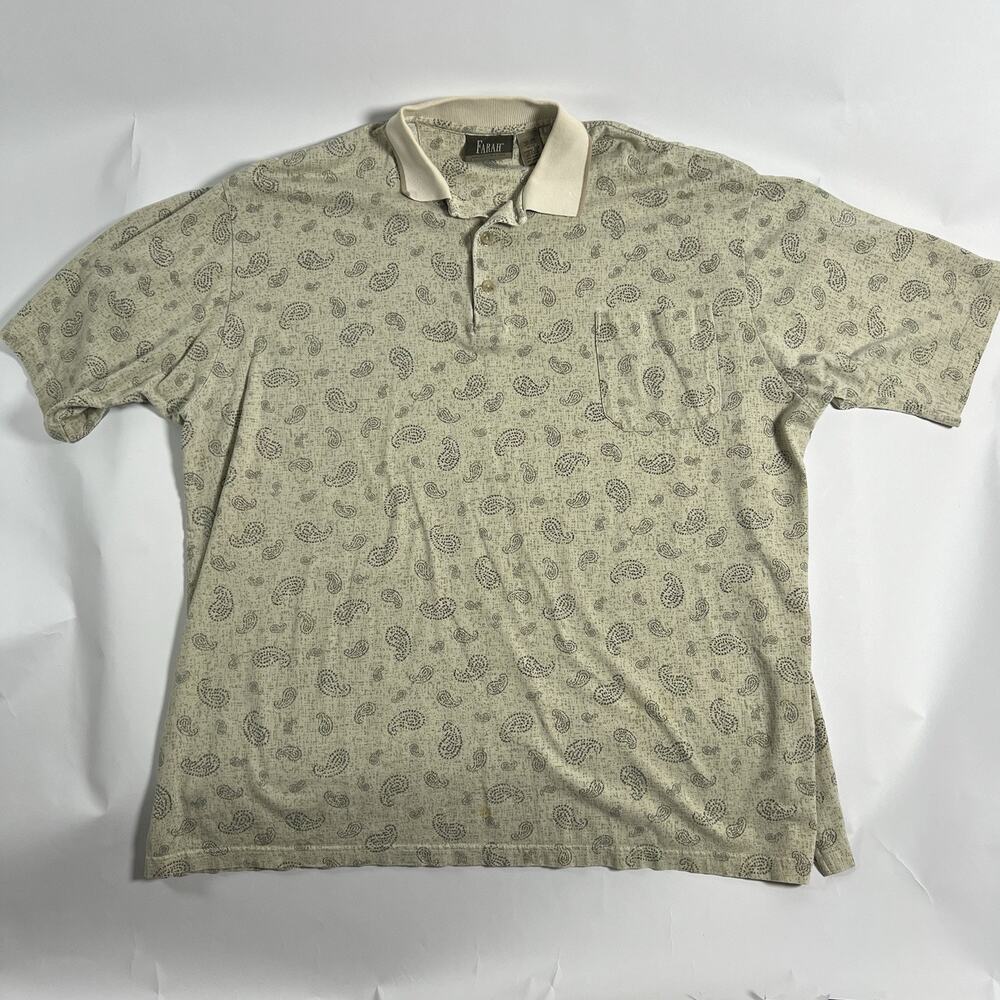 VTG Farah Men's 2XL Regular‎ Polo Shirt Beige Paisley S/S Cotton Collared Pocket